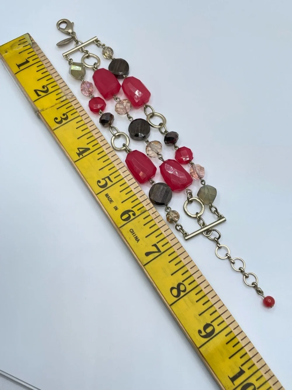 WHBM White House Black Market Pink Lucite Glass Bead Multi Strand Gold Bracelet